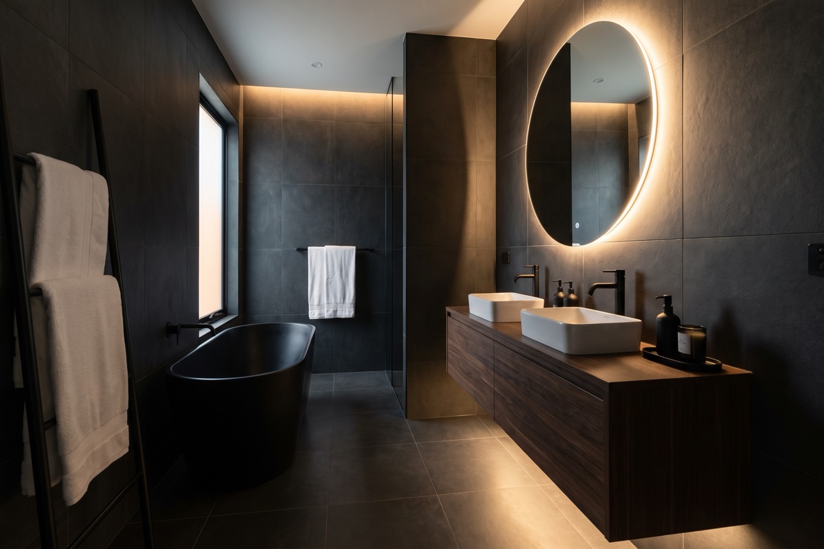 Baño moderno con microcemento, sanitario suspendido, ducha de obra y madera tratada