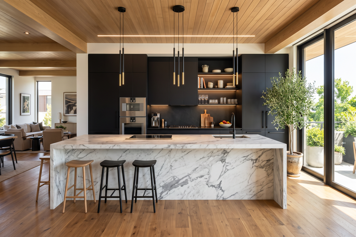 Cocina moderna 2026 con microcemento, isla central y electrodomésticos integrados
