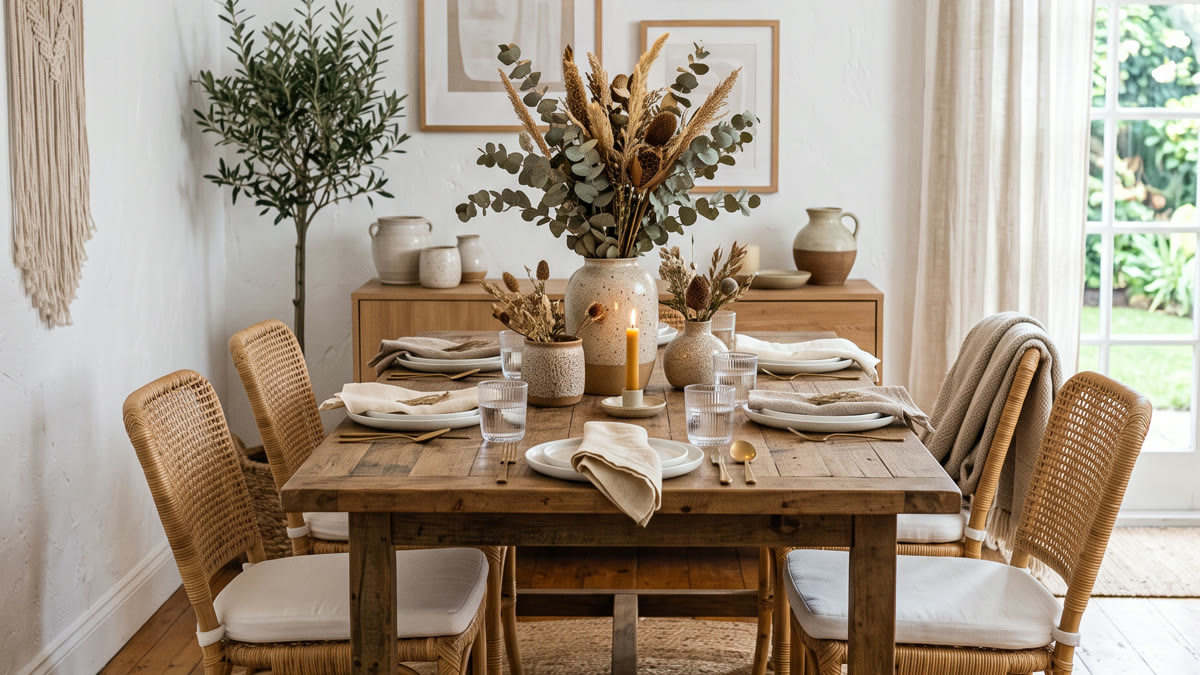 Comedor boho acogedor con mesa de madera reciclada, sillas de rattán, alfombra de yute, jarrón con ramas de eucalipto seco, paredes blancas y luz cálida