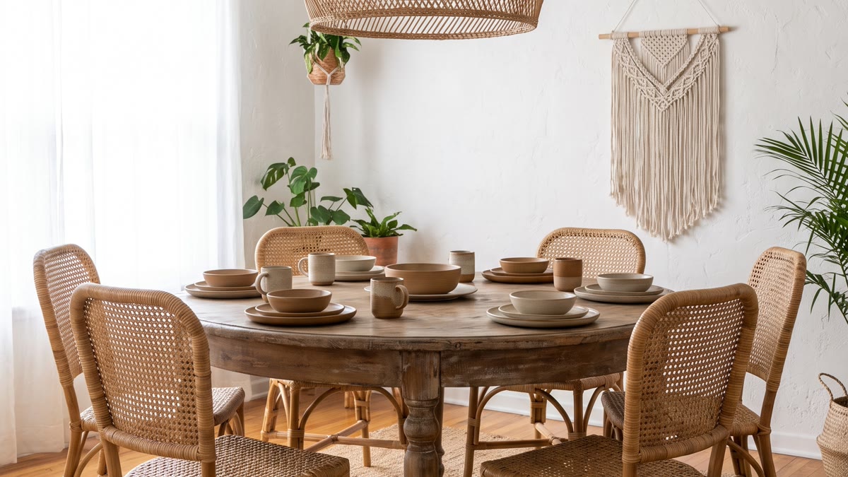 Comedor boho con mesa de madera, sillas de rattán natural, lámpara colgante de fibras, paredes blancas y plantas verdes decorativas