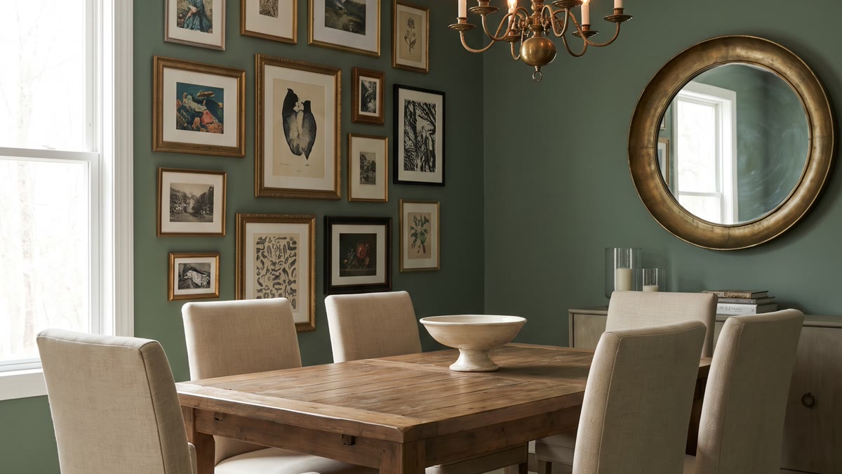Comedor con pared verde salvia y espejo redondo grande, mesa de madera, sillas tapizadas beige, lámpara vintage de latón y galería de cuadros