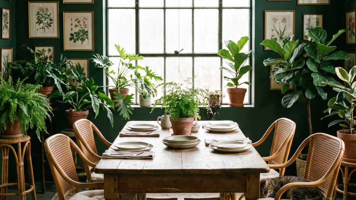 Comedor con paredes verdes botanical, mesa de madera vintage, sillas de rattán, galería de láminas botánicas enmarcadas y gran ventanal con luz natural
