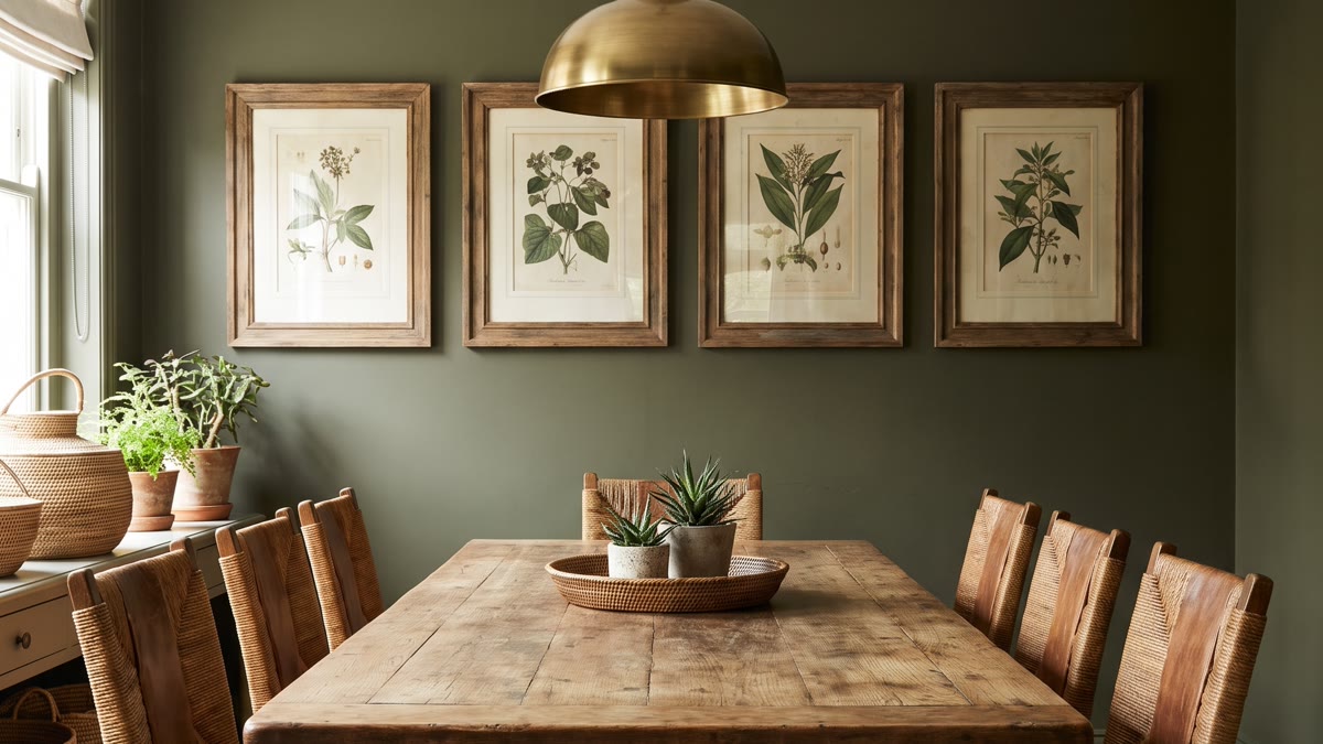 Comedor estilo safari con paredes verde oscuro, mesa de madera vintage, sillas tapizadas en cuero, lámpara de latón y galería de láminas botánicas