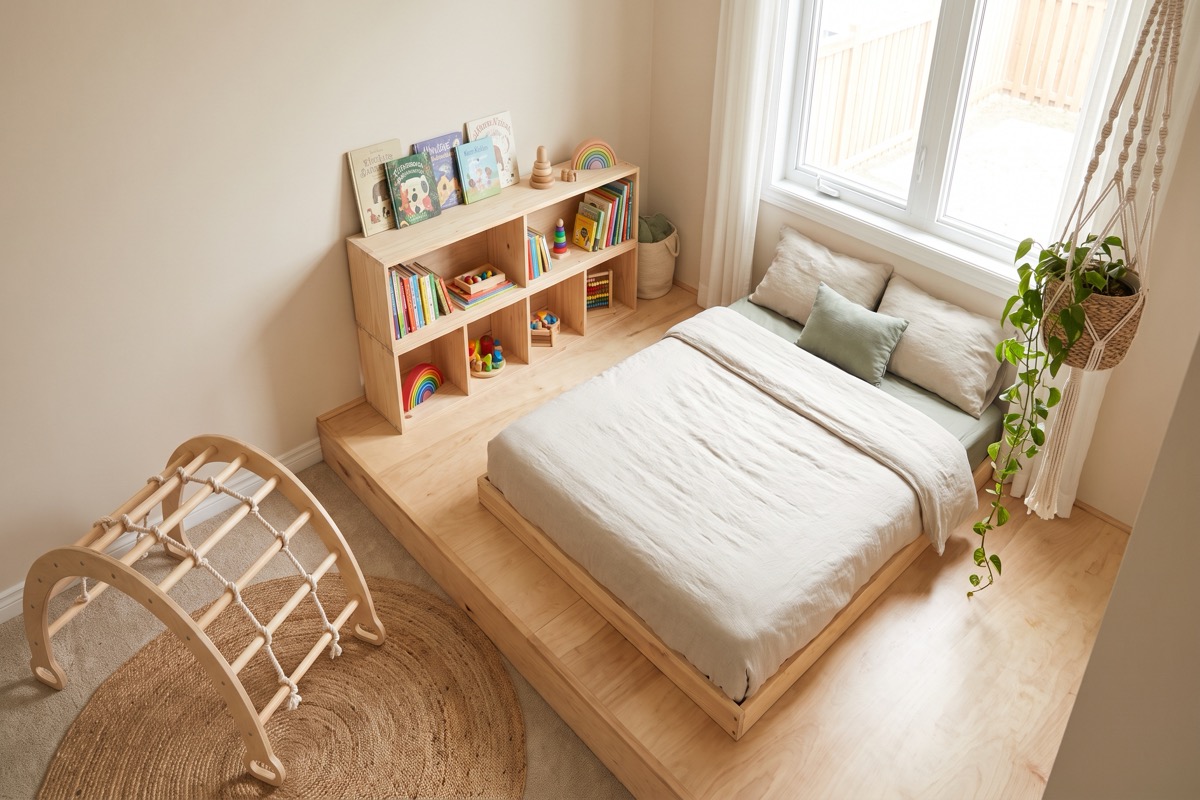 Habitación Montessori con cama a ras de suelo, espejo seguro y mobiliario a altura infantil