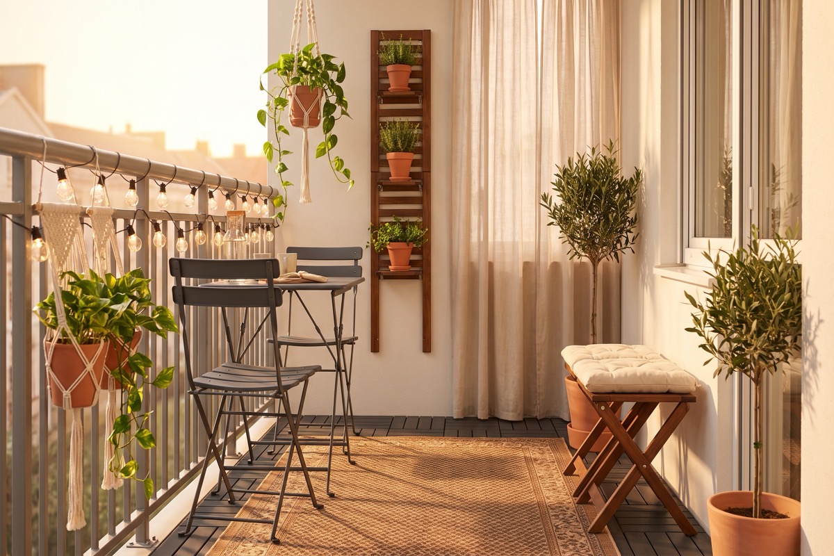 Terraza pequeña con muebles plegables, plantas y guirnaldas de luz cálida