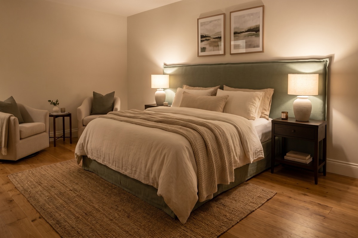 Dormitorio matrimonial con cabecero tapizado, ropa de cama de lino y paleta cálida