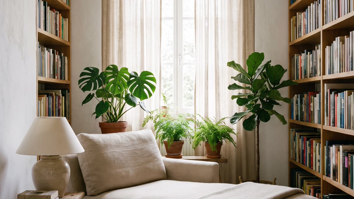 Rincón de lectura con chaise longue tapizada en lino beige, biblioteca de madera maciza con libros, ventana grande con cortinas de lino y plantas verdes