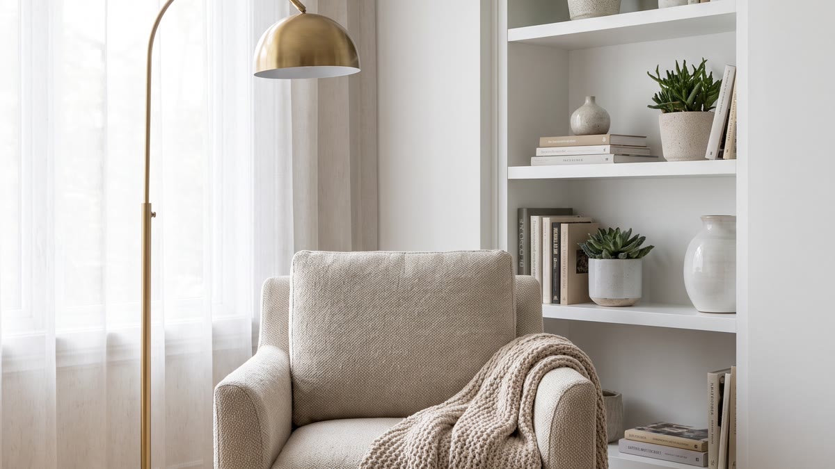 Rincón de lectura escandinavo con butaca tapizada en beige, lámpara de pie de latón, biblioteca blanca con libros, plantas verdes y luz natural suave