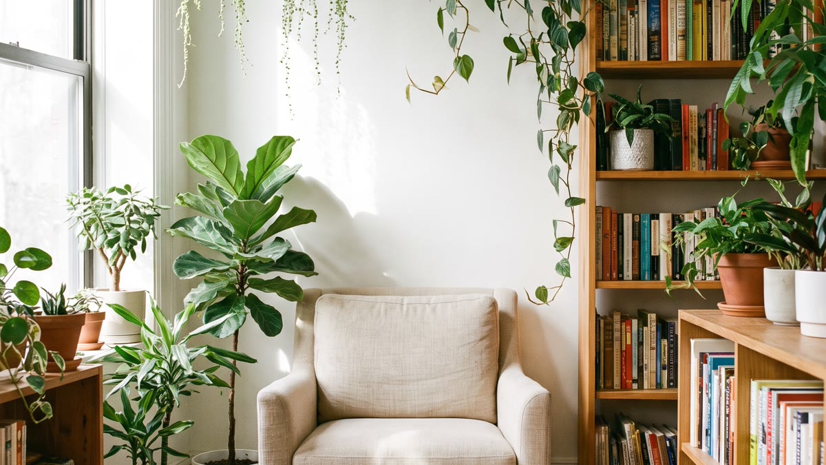 Rincón de lectura con jardín interior, butaca tapizada en beige, biblioteca de suelo a techo, plantas colgantes y verdes por todas partes