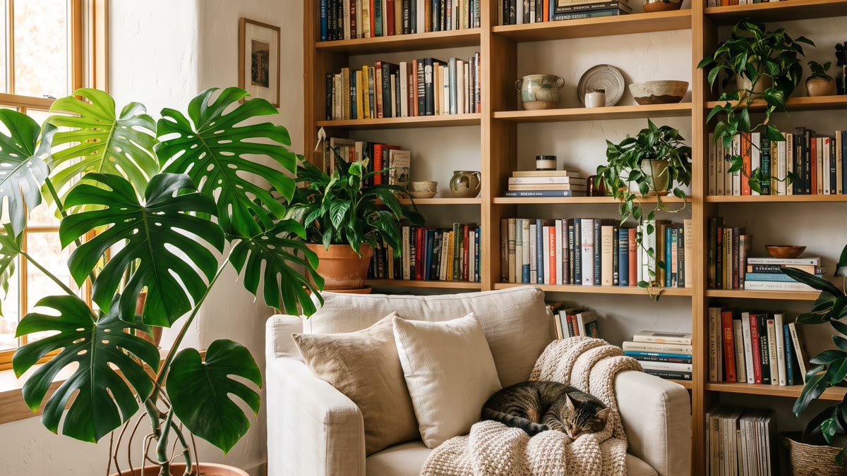 Rincón de lectura en dormitorio con butaca de lino beige, lámpara de pie de latón, biblioteca con libros y cerámicas, monstera grande y luz cálida lateral