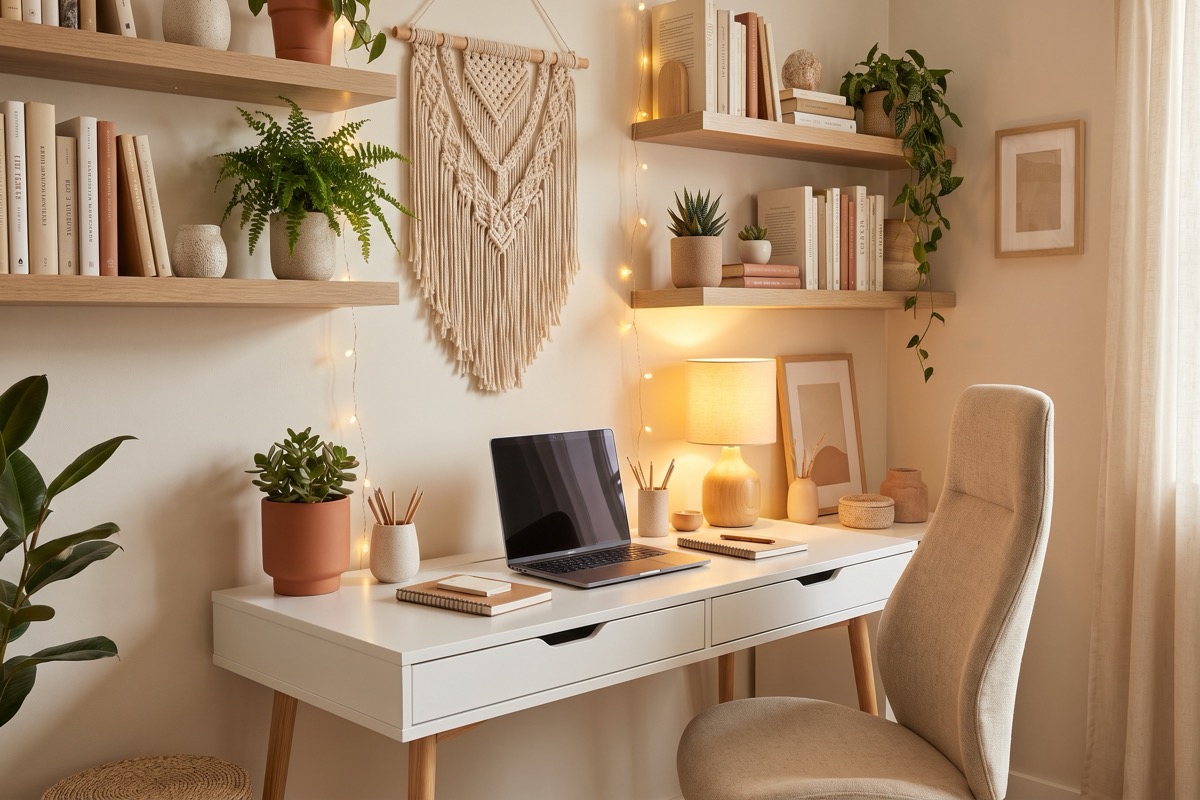 Escritorio de madera para oficina en casa con organizadores, lámpara y silla ergonómica