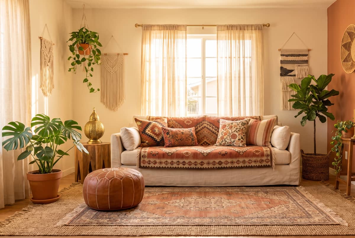 Interior de estilo boho con fibras naturales, plantas, cojines estampados y colores tierra
