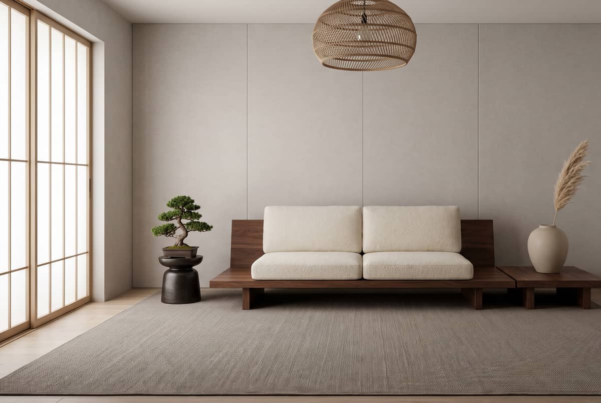 Interior de estilo japandi con madera clara, líneas limpias y espacios serenos