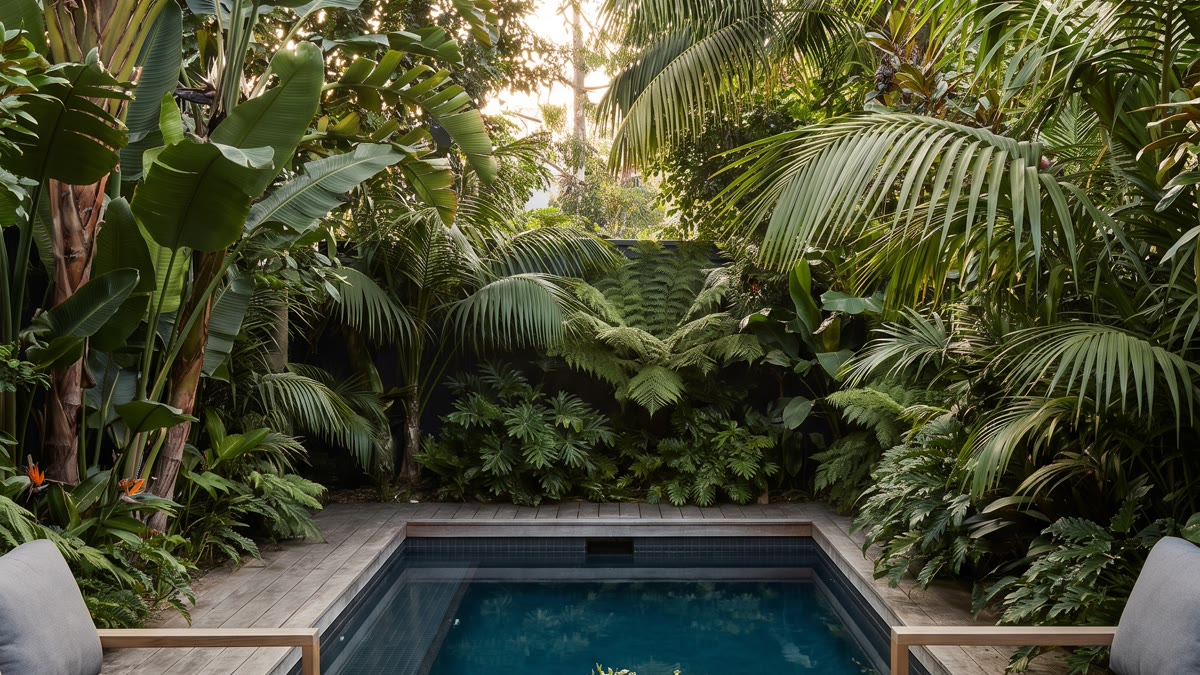 Jardín pequeño con piscina tropical, decking de madera, plantas tropicales exuberantes, tumbonas blancas y luz cálida al atardecer