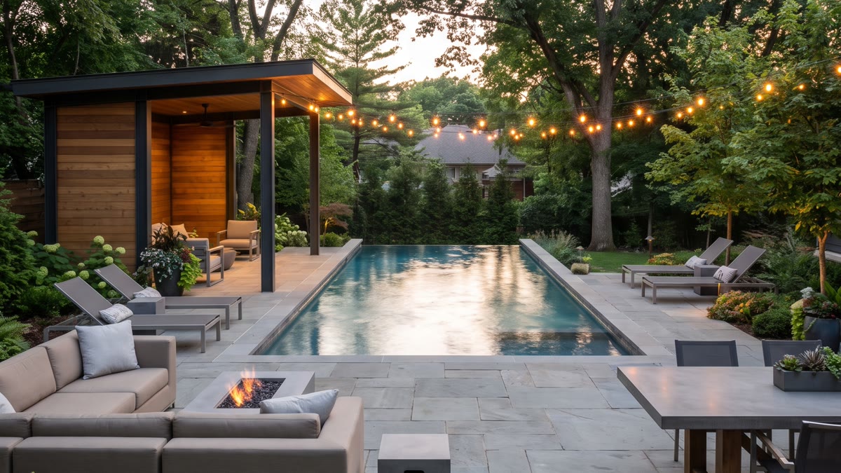 Jardín con piscina moderna, gazebo de madera con guirnaldas de luces, mobiliario de exterior, plantas tropicales exuberantes y suelo de piedra natural