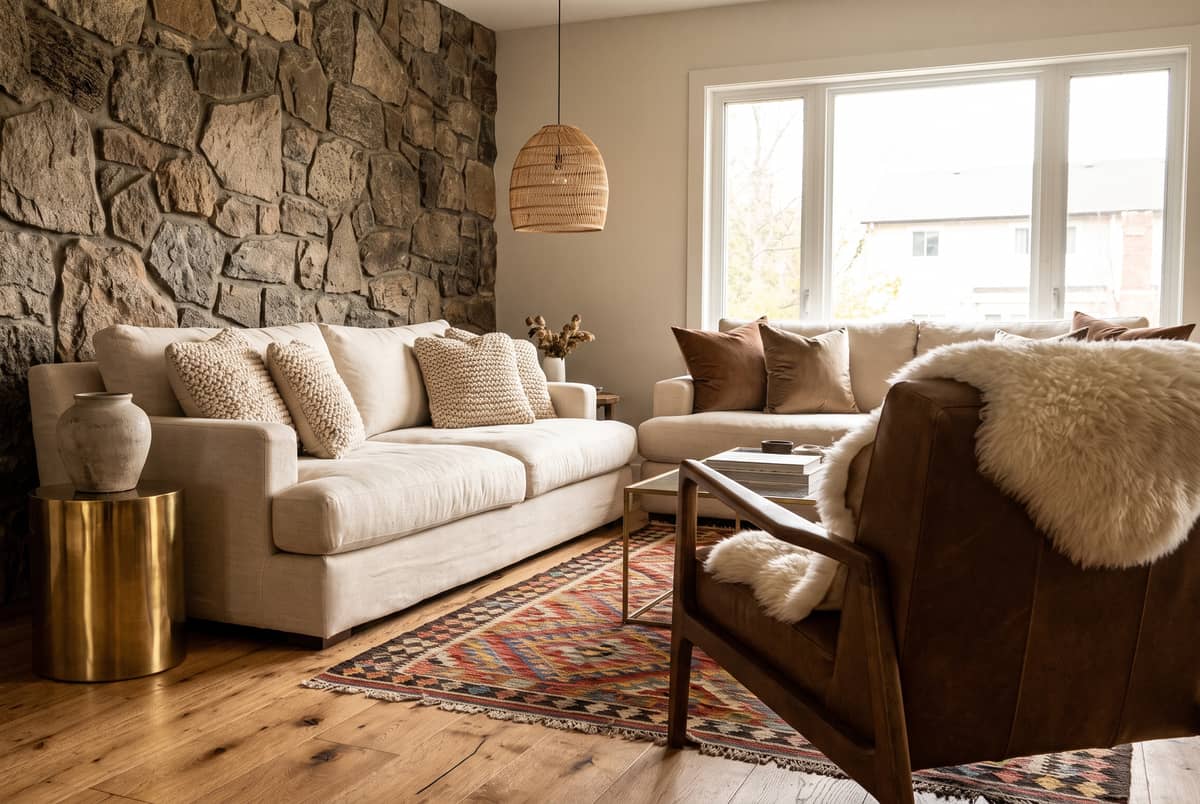 Combinación de materiales en decoración: madera, metal, lino y cerámica creando riqueza táctil