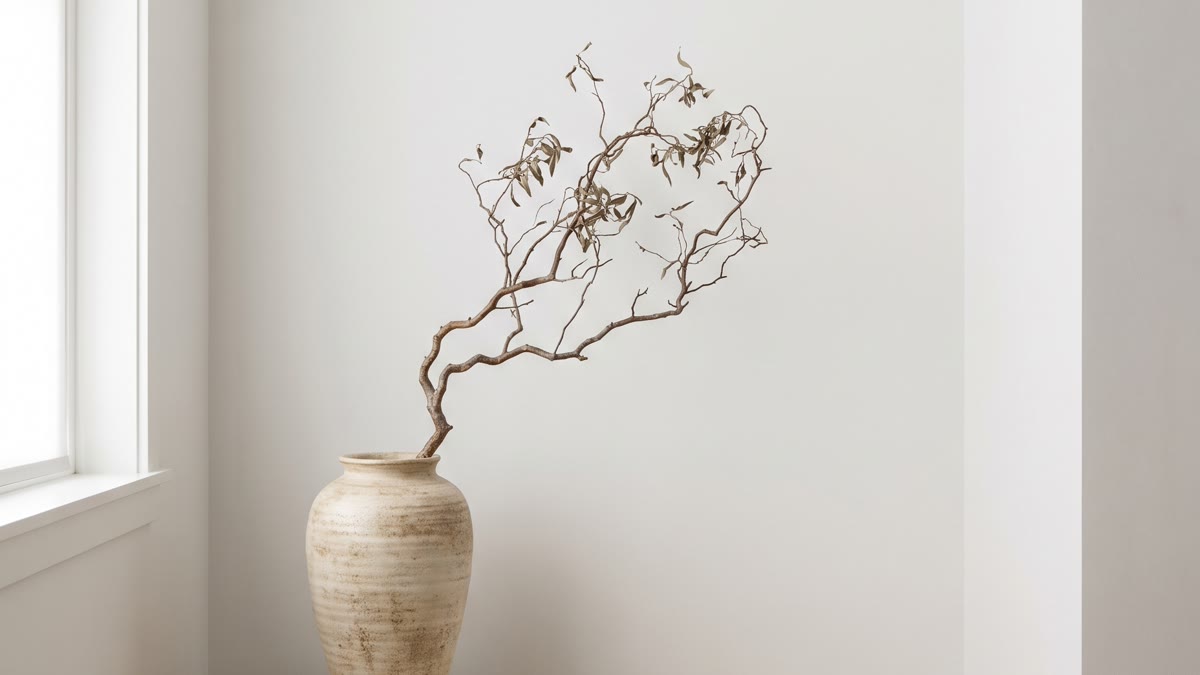 Esquina de oficina japandi con escritorio bajo de madera, taburete, rama seca en jarrón de cerámica, paredes blancas y luz natural