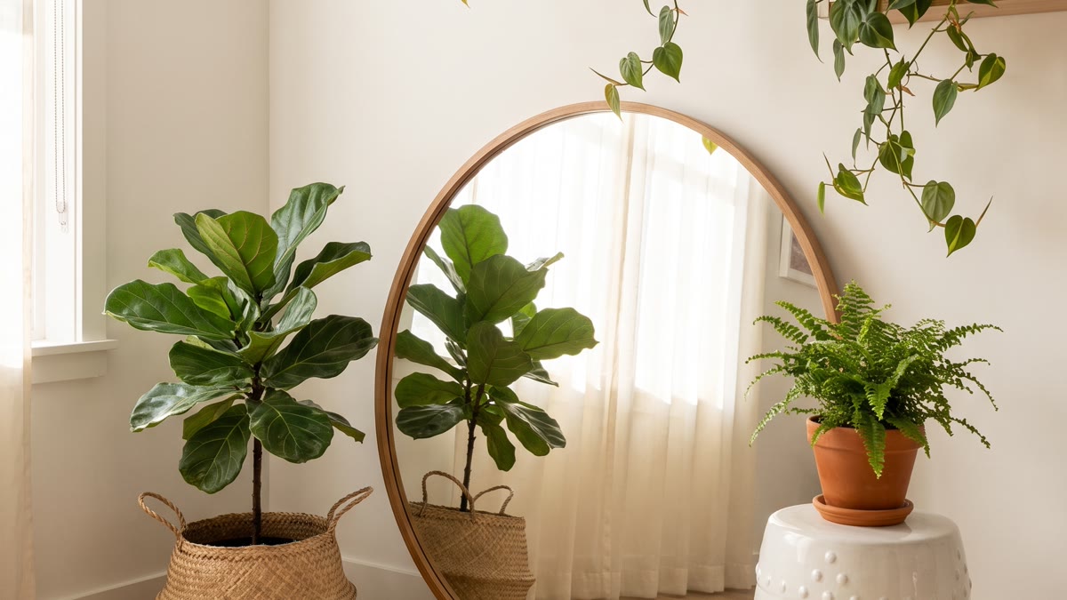 Esquina de oficina en casa con plantas grandes, espejo redondo apoyado en pared, escritorio de madera clara y silla ergonómica