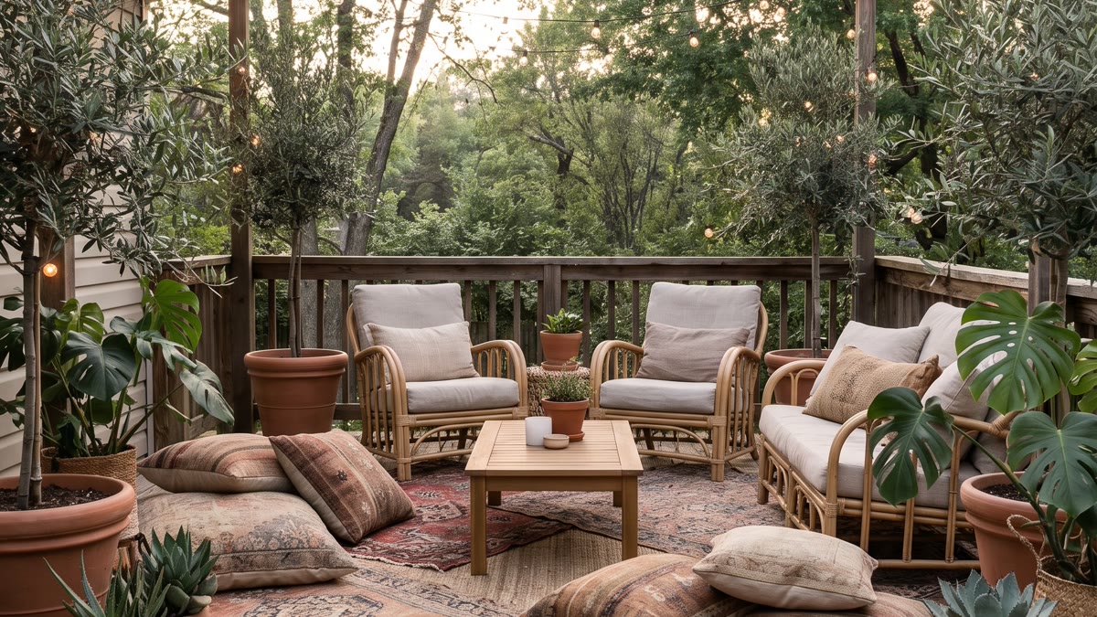 Patio boho exterior con alfombras de exterior en capas, cojines en el suelo, plantas verdes, guirnaldas de luces, muebles de madera y rattán