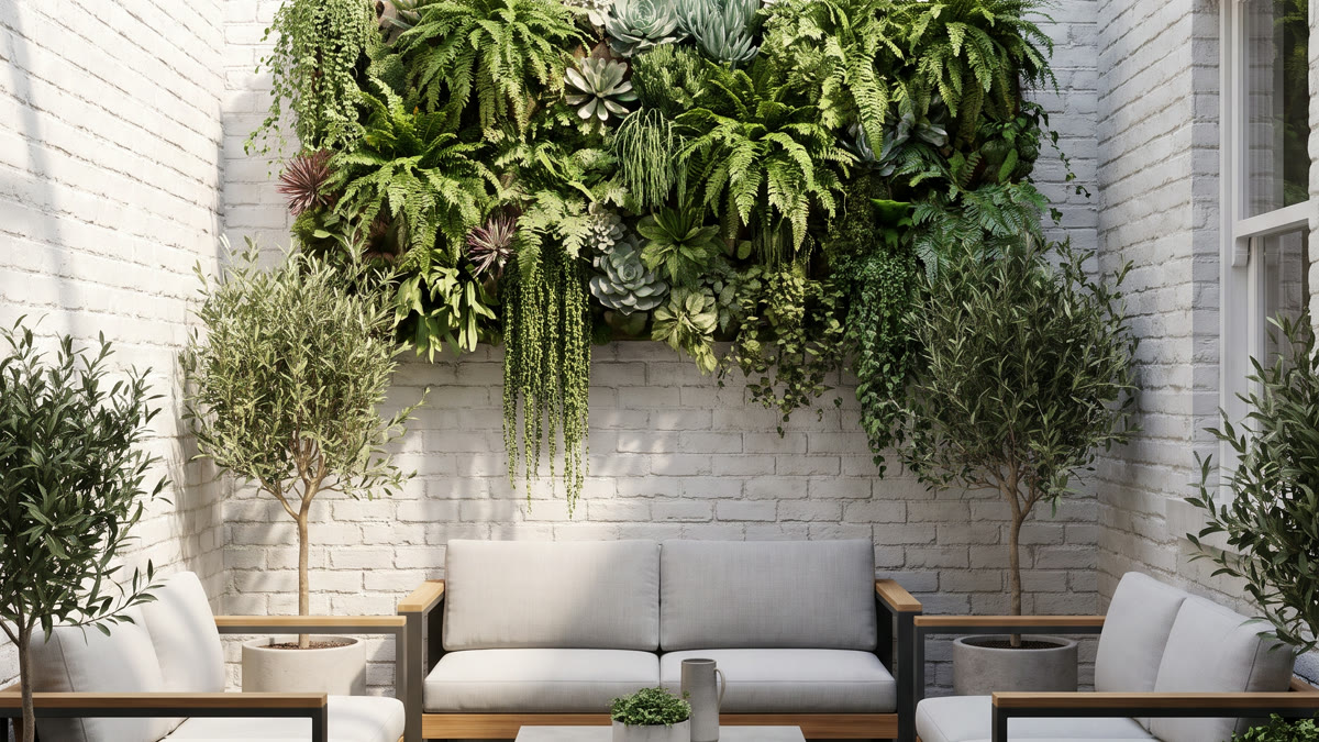 Patio pequeño con jardín vertical en pared blanca, plantas verdes colgantes, mobiliario moderno de exterior y suelo claro de piedra