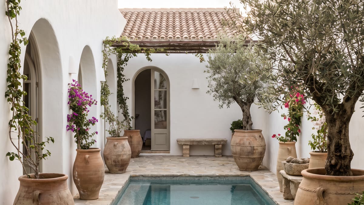 Patio mediterráneo con piscina, paredes blancas encaladas, olivos en grandes macetas de terracota, suelo de piedra natural y tumbonas blancas