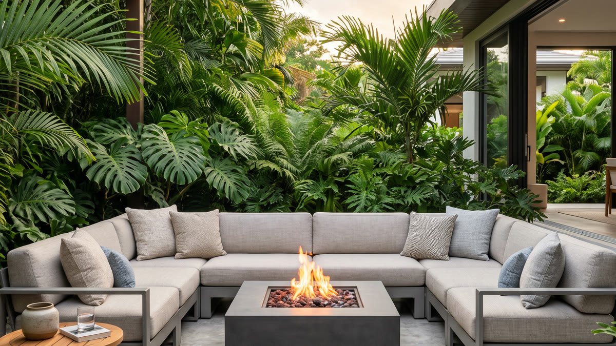 Patio moderno con fire pit central, sofá modular de exterior, plantas tropicales, suelo de hormigón y luz cálida de faroles al atardecer