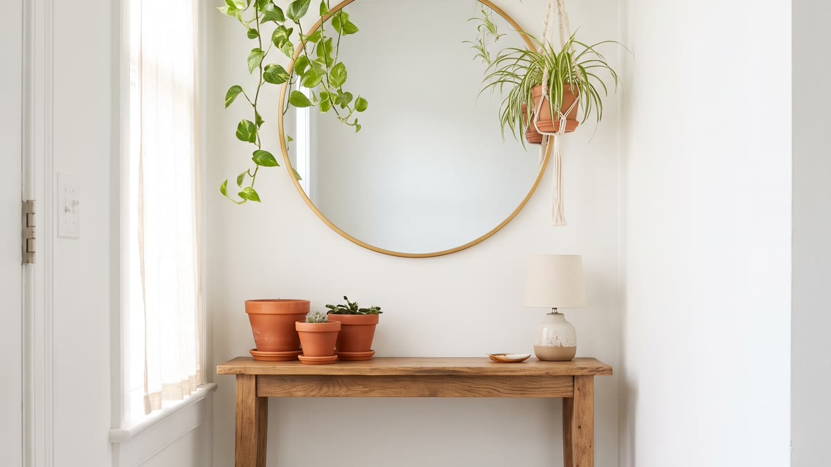 Recibidor angosto con consola estrecha de madera, espejo grande rectangular, plantas colgantes, cesto de mimbre y luz cálida