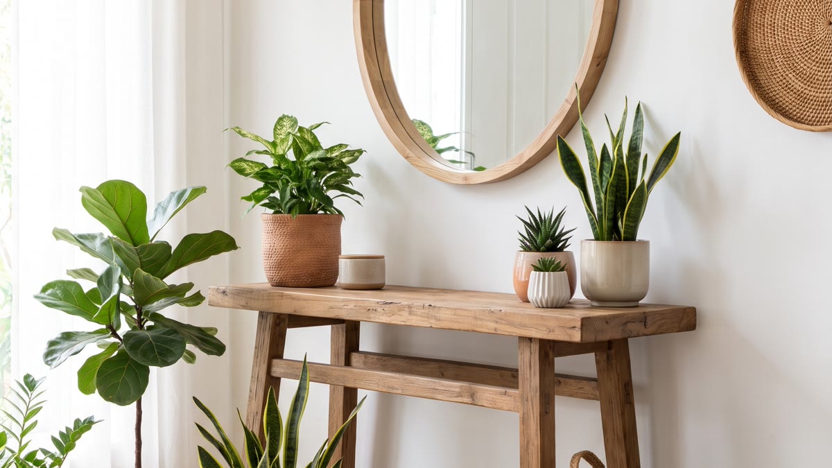 Recibidor boho con consola de madera, espejo grande redondo, plantas verdes en macetas de terracota, cesto de mimbre y paredes blancas