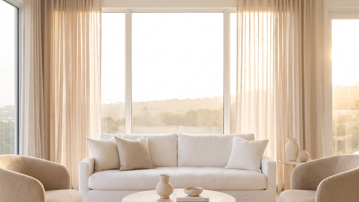 Sala blanca contemporánea con sofá bajo blanco, mesa redonda de travertino, dos butacas bouclé beige y grandes ventanales con cortinas de lino