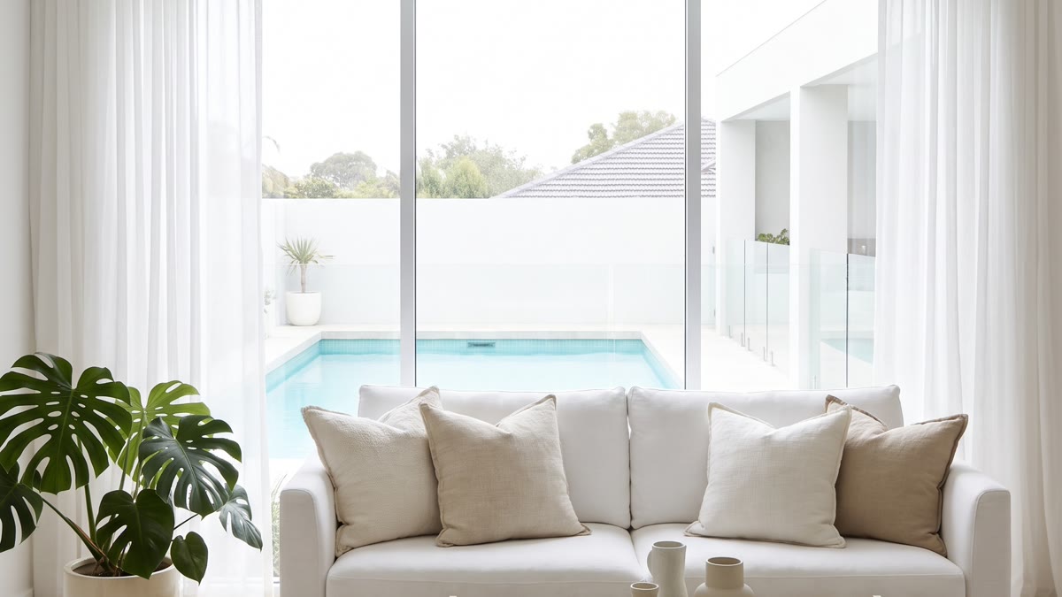 Sala blanca abierta a la piscina con sofá bajo de lino, mesa de cristal y latón, monstera grande en maceta de cerámica y cortinas translúcidas