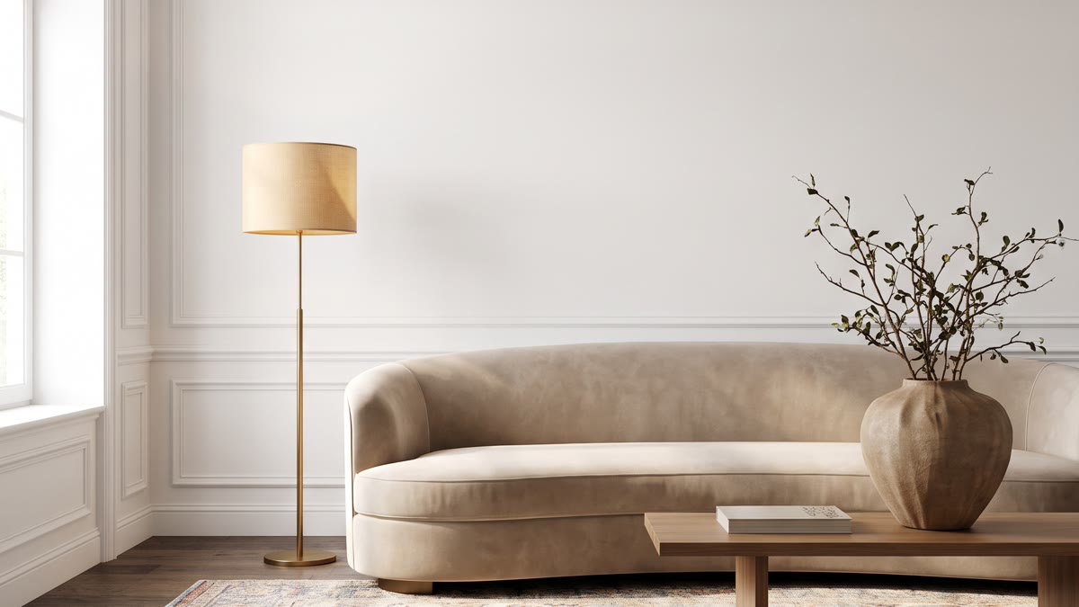 Sala clásica moderna con molduras blancas, sofá de velvet beige, lámpara de pie de latón, alfombra vintage con dibujo suave y jarrón cerámico