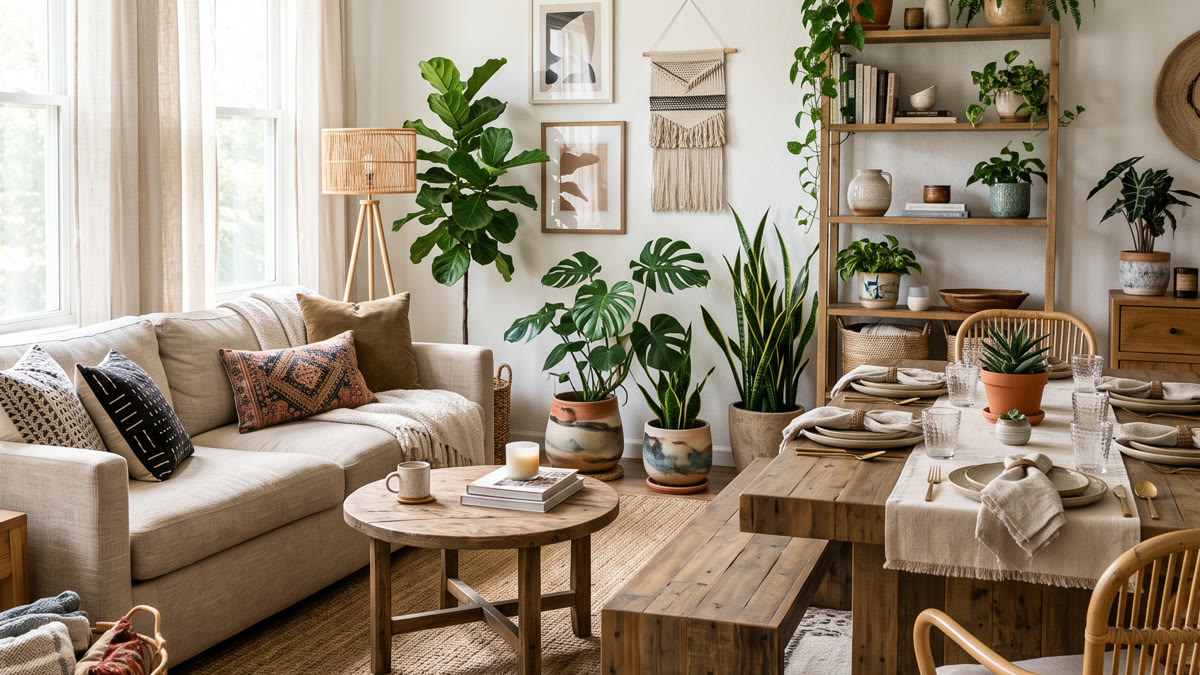 Sala y comedor boho con mesa de madera reciclada, banco largo de madera en vez de sillas, alfombras de yute y lana, sofá de lino y plantas de interior
