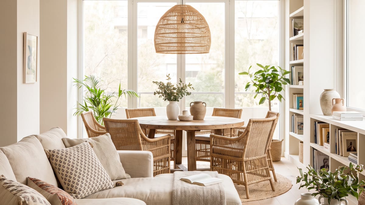 Sala y comedor boho integrados con mesa redonda de madera reciclada, sillas de rattán, sofá de lino beige, lámpara colgante de fibras y plantas verdes
