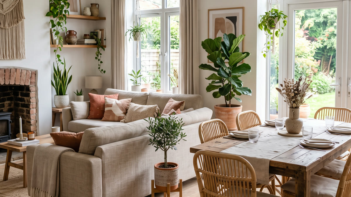 Sala y comedor integrados estilo boho natural con mesa de madera reciclada, sillas de rattán, sofá de lino beige, alfombra de yute y plantas de interior