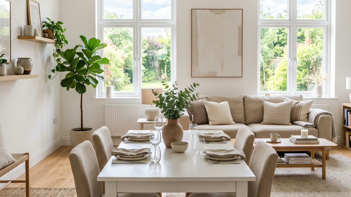 Sala y comedor escandinavos integrados con mesa blanca rectangular, sillas tapizadas en beige, sofá de lino blanco, suelo de madera clara y grandes ventanales