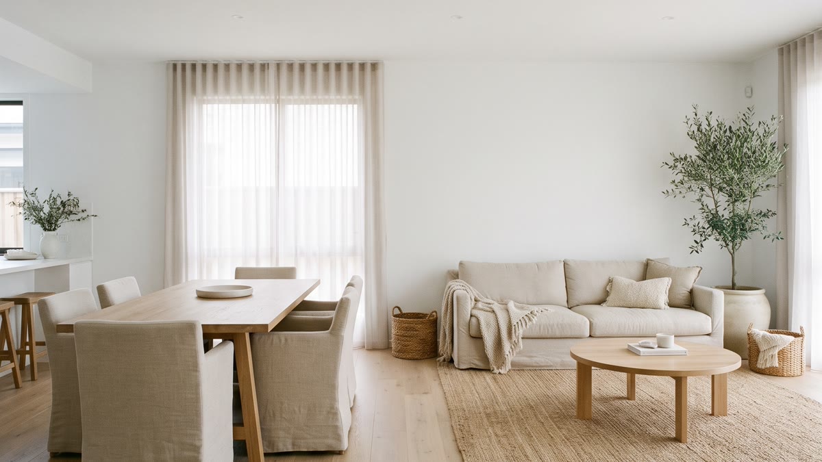 Sala y comedor minimalistas integrados con mesa rectangular de madera clara, sillas tapizadas beige, sofá de líneas simples, paredes blancas y luz natural