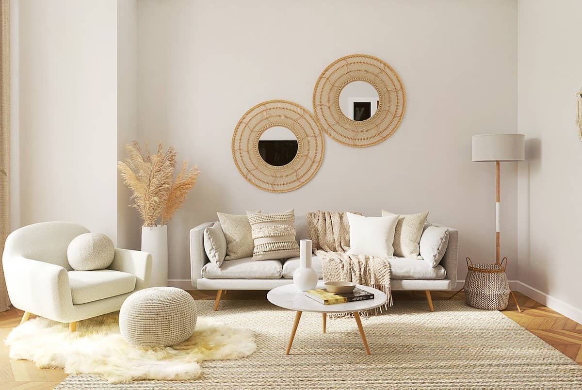 Sala-comedor pequeña decorada con paleta clara y mesa extendible que integra ambos espacios
