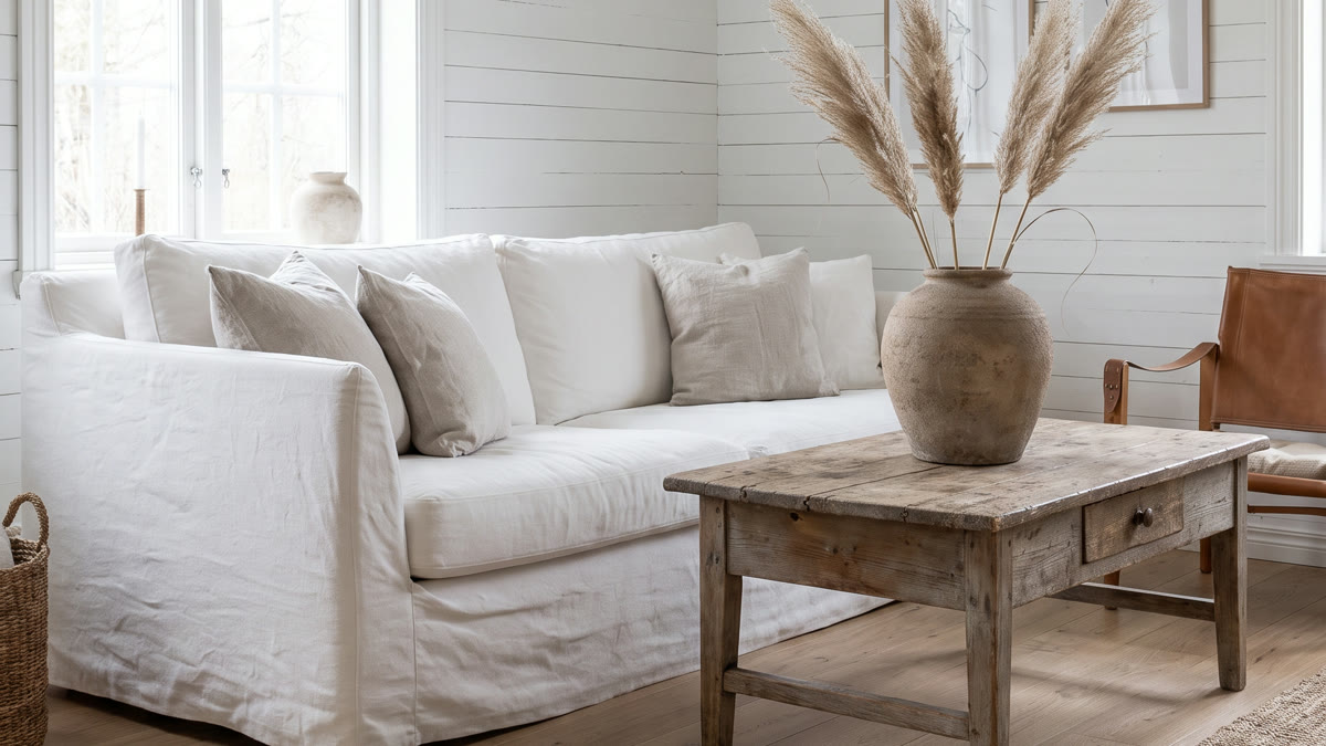 Sala escandinava blanca con sofá con fundas de lino, mesa de madera recuperada, jarrón con pampas secos y paredes con shiplap blanco