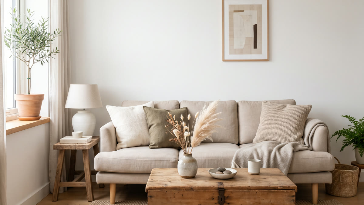 Sala japandi con sofá bajo de lino, baúl antiguo de madera como mesa de centro, jarrón con pampas secos, lámpara de cerámica y paredes blancas
