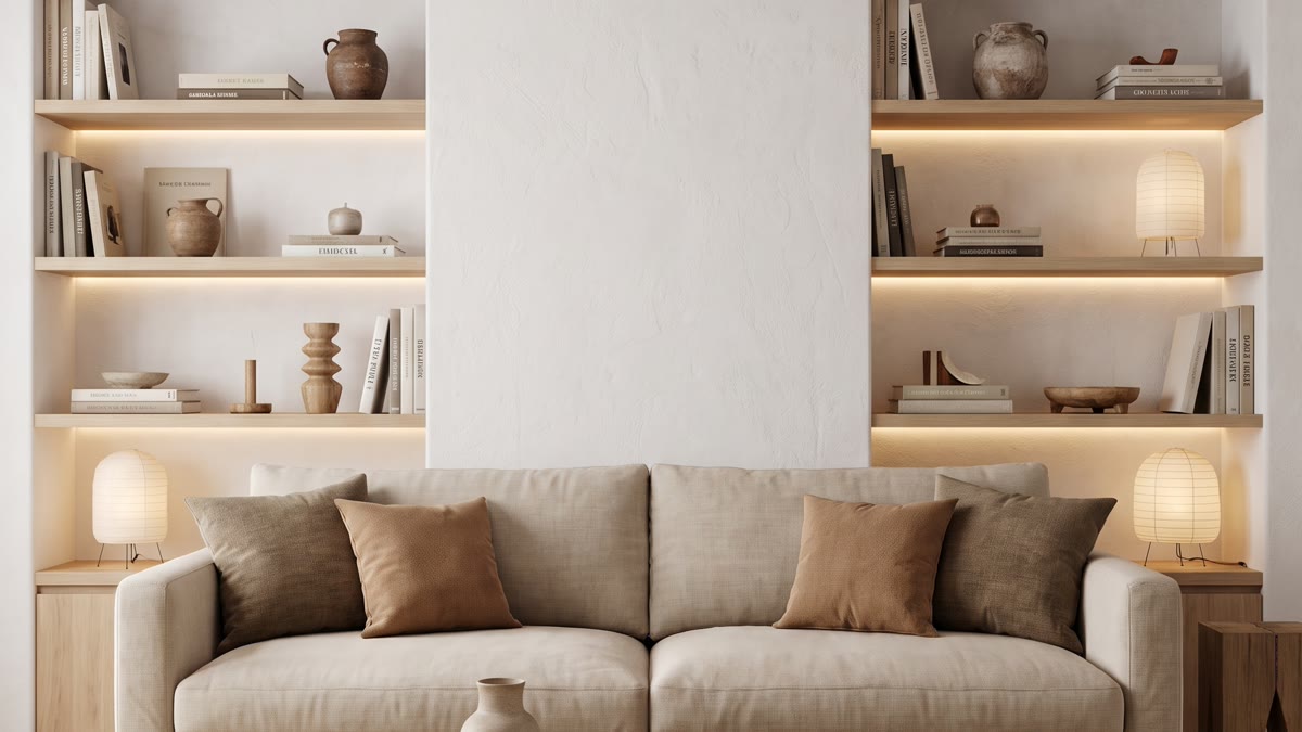 Sala japandi con biblioteca baja de madera clara, piezas de cerámica artesanal exhibidas, sofá de lino beige, mesa baja de madera y luz cálida