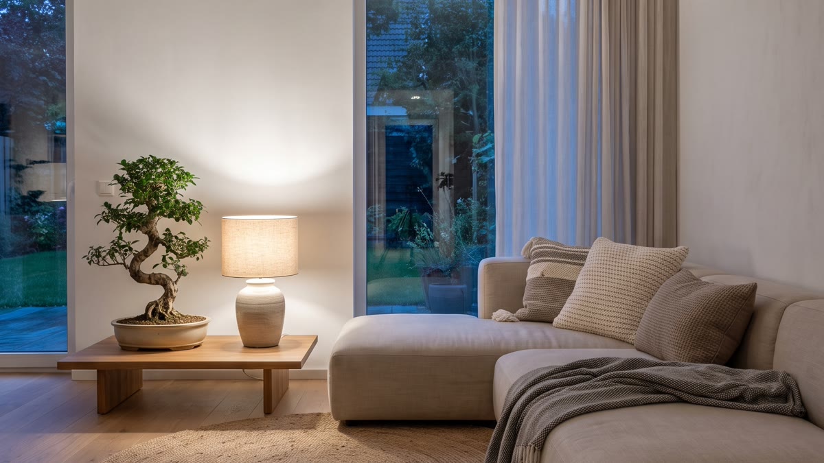 Sala japandi pequeña con sofá bajo de lino beige, mesa baja de madera clara, bonsái pequeño sobre la mesa y lámpara de cerámica con pantalla de lino