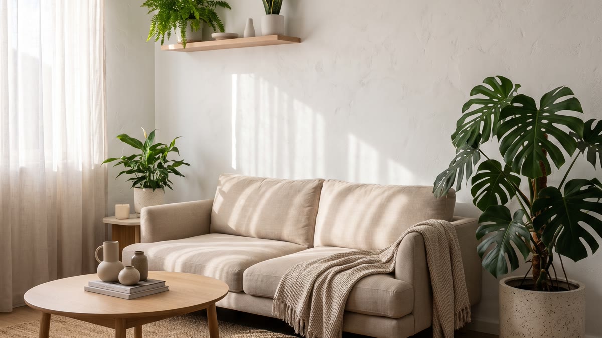 Sala japandi con sofá bajo de lino beige, mesa de madera clara, gran monstera deliciosa en maceta de cerámica, paredes blancas y luz natural