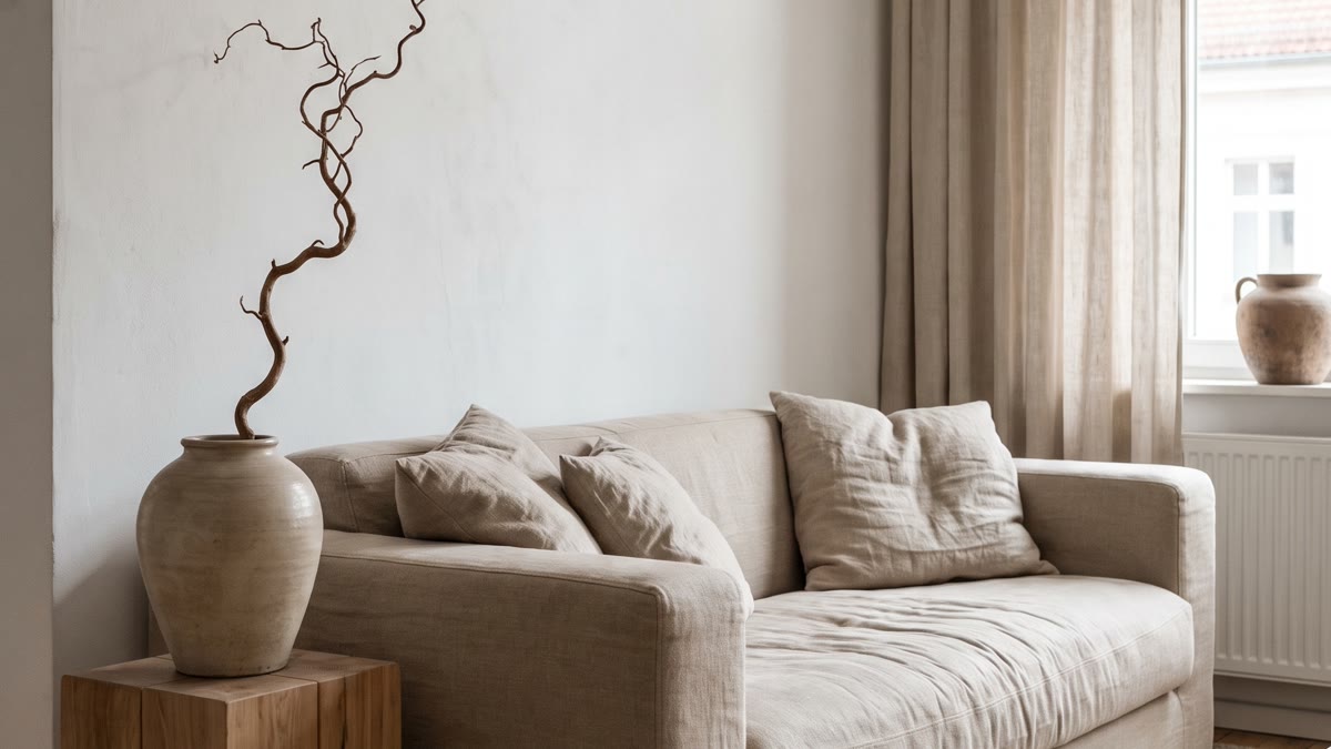 Sala japandi con sofá bajo de lino beige, mesa auxiliar de madera natural, rama seca en jarrón de cerámica, paredes blancas y cortinas de lino crudo