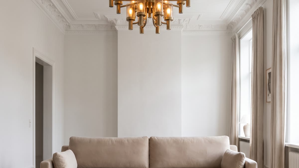 Sala patrimonial clásica moderna con techos altos y molduras, sofá de velvet beige, lámpara de latón vintage, mesa auxiliar oscura y textiles cálidos