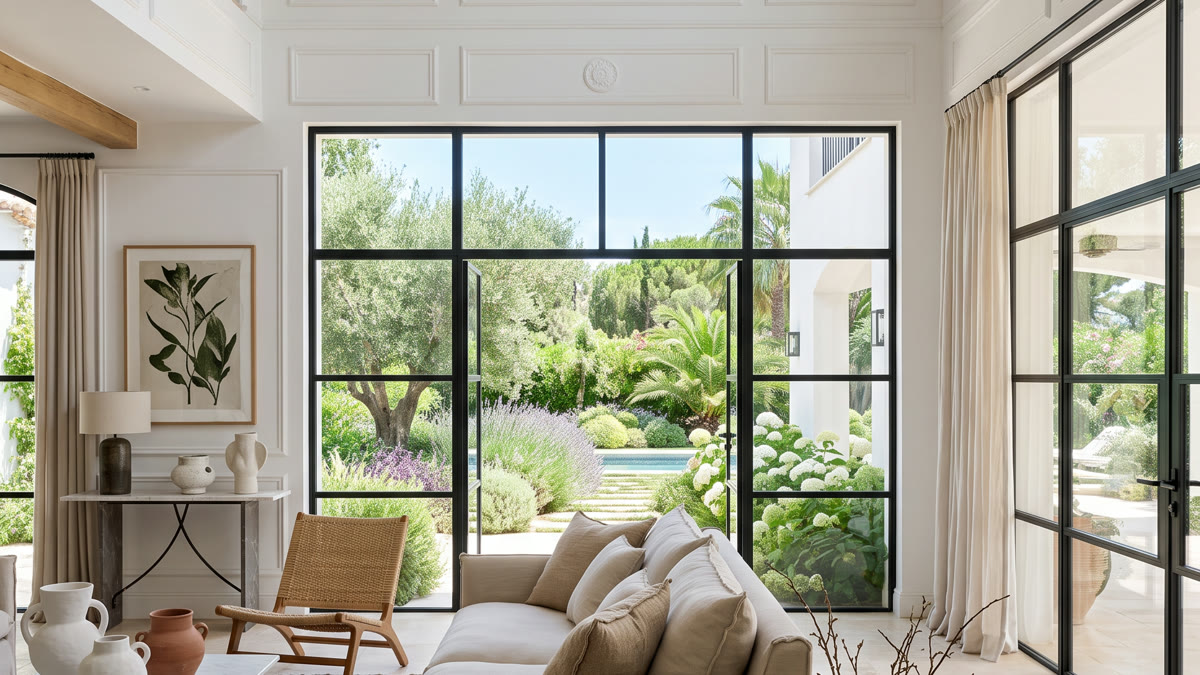 Sala patrimonial con techos altos, molduras blancas, sofá de lino beige, mesa de travertino, piezas de cerámica escultórica y vista al jardín por ventanales