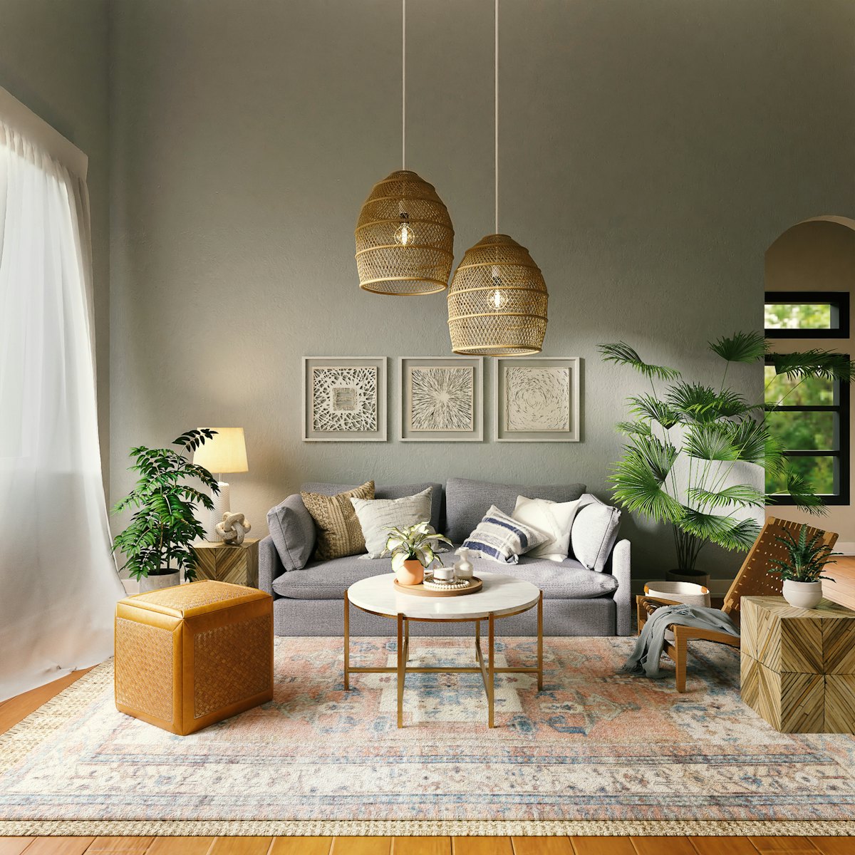 Moodboard de tendencias de decoración 2026 con materiales naturales y paletas cálidas