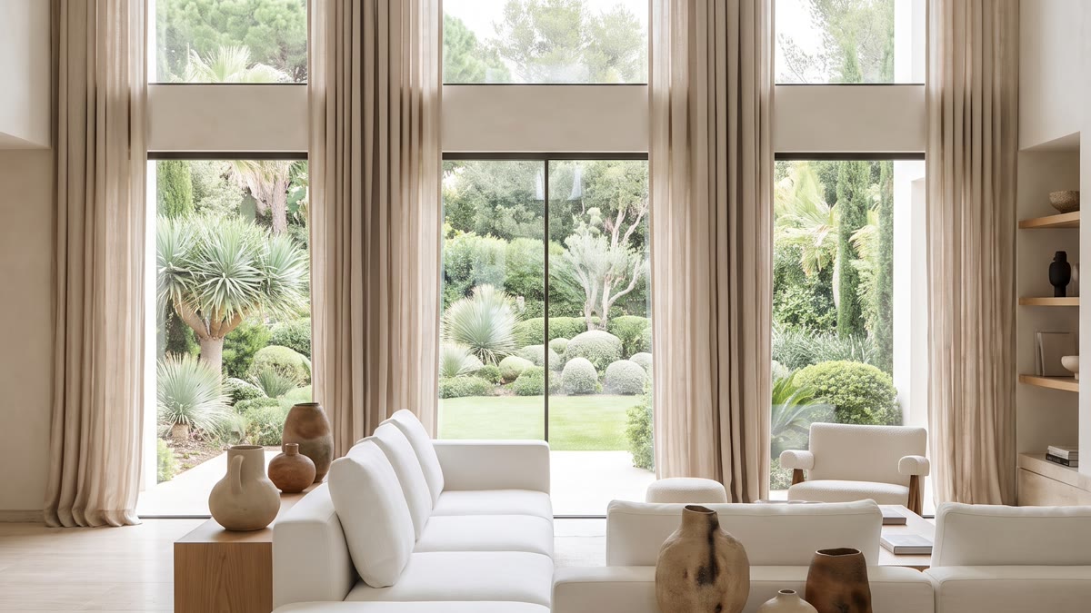 Villa moderna con sala abierta al jardín, ventanales panorámicos, sofá de lino blanco, mesa de travertino, piezas de cerámica escultórica y suelo claro