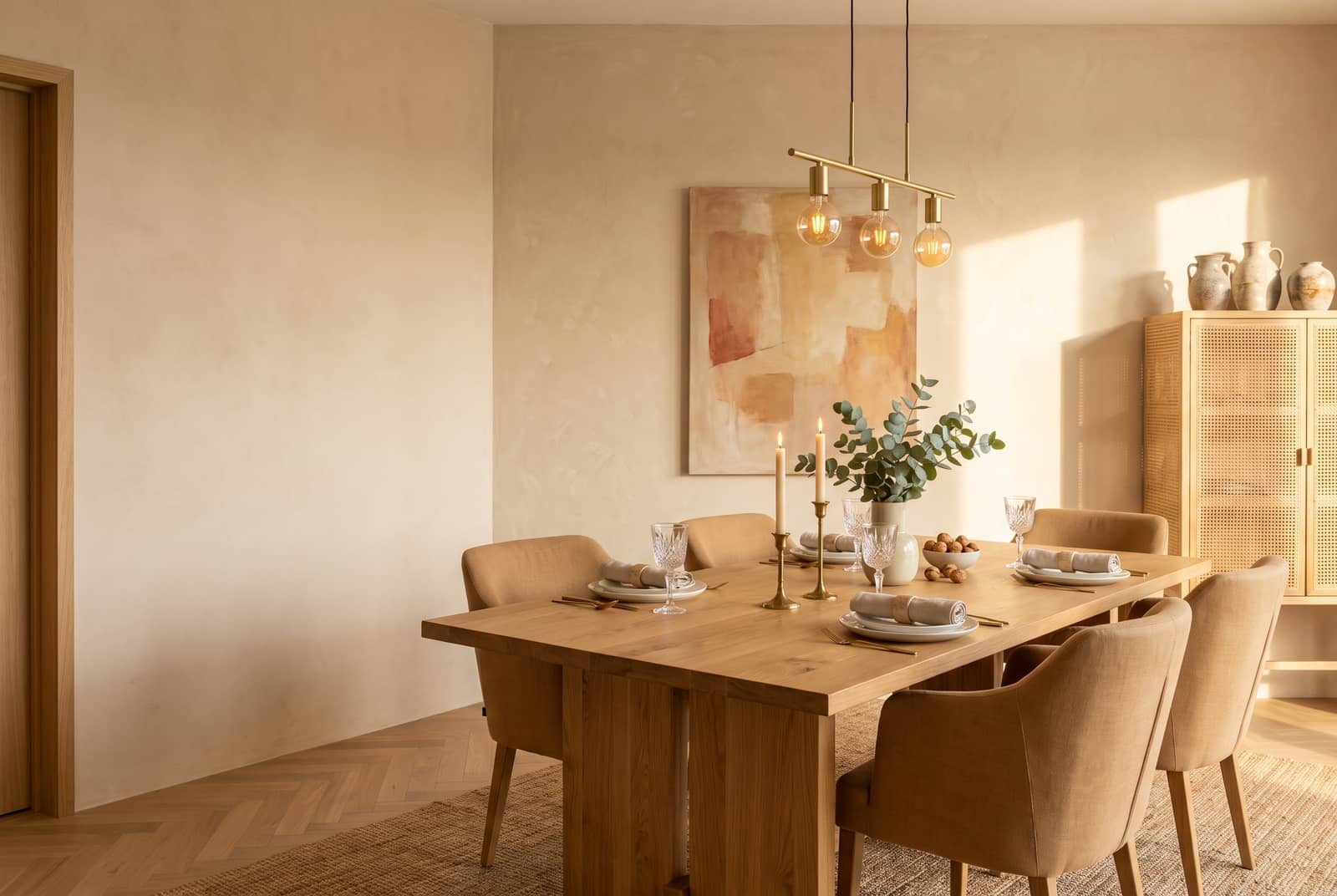 Comedor con mesa de madera, sillas elegantes y lámpara colgante sobre la mesa