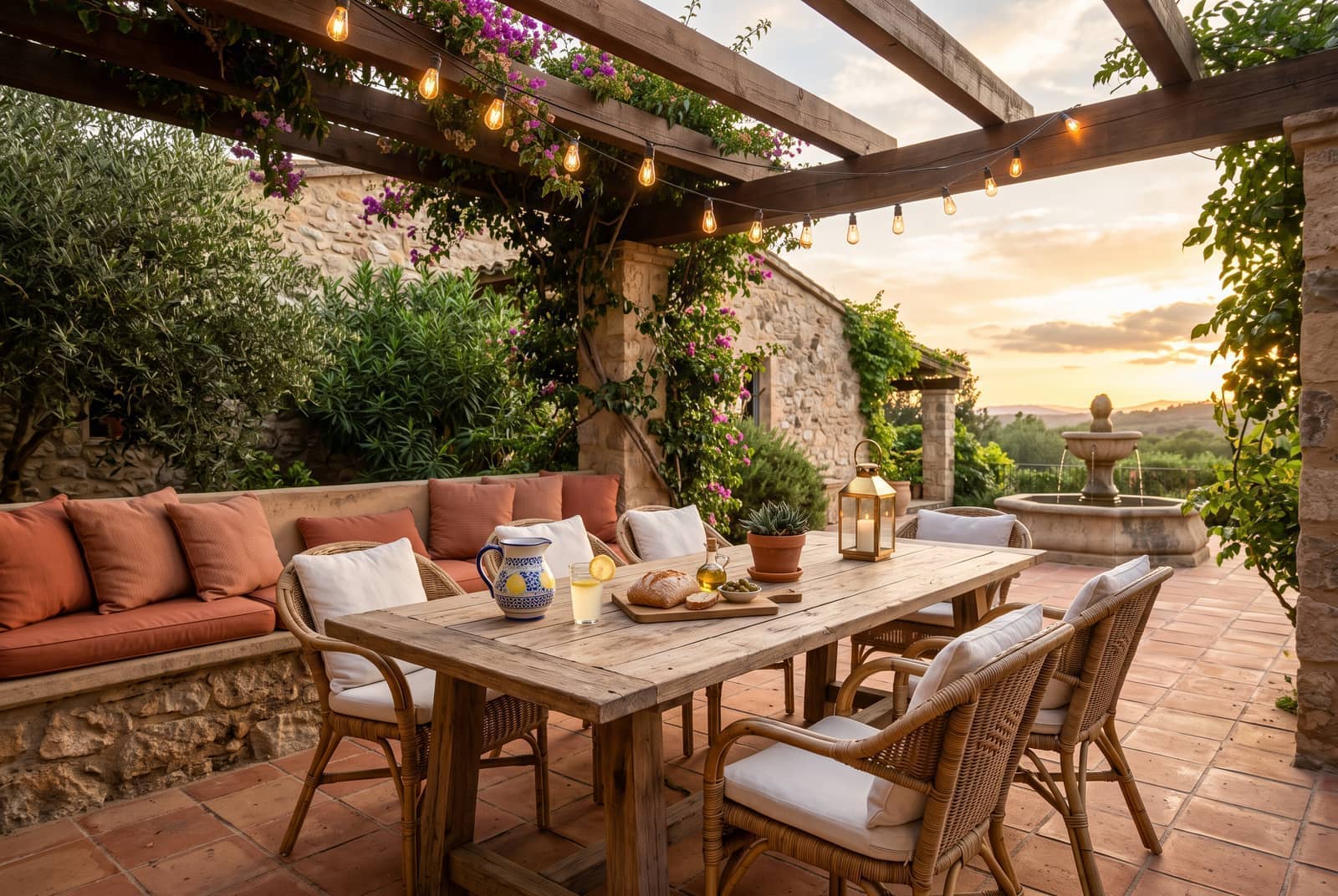Terraza pequeña con muebles de exterior, plantas y guirnaldas de luces cálidas