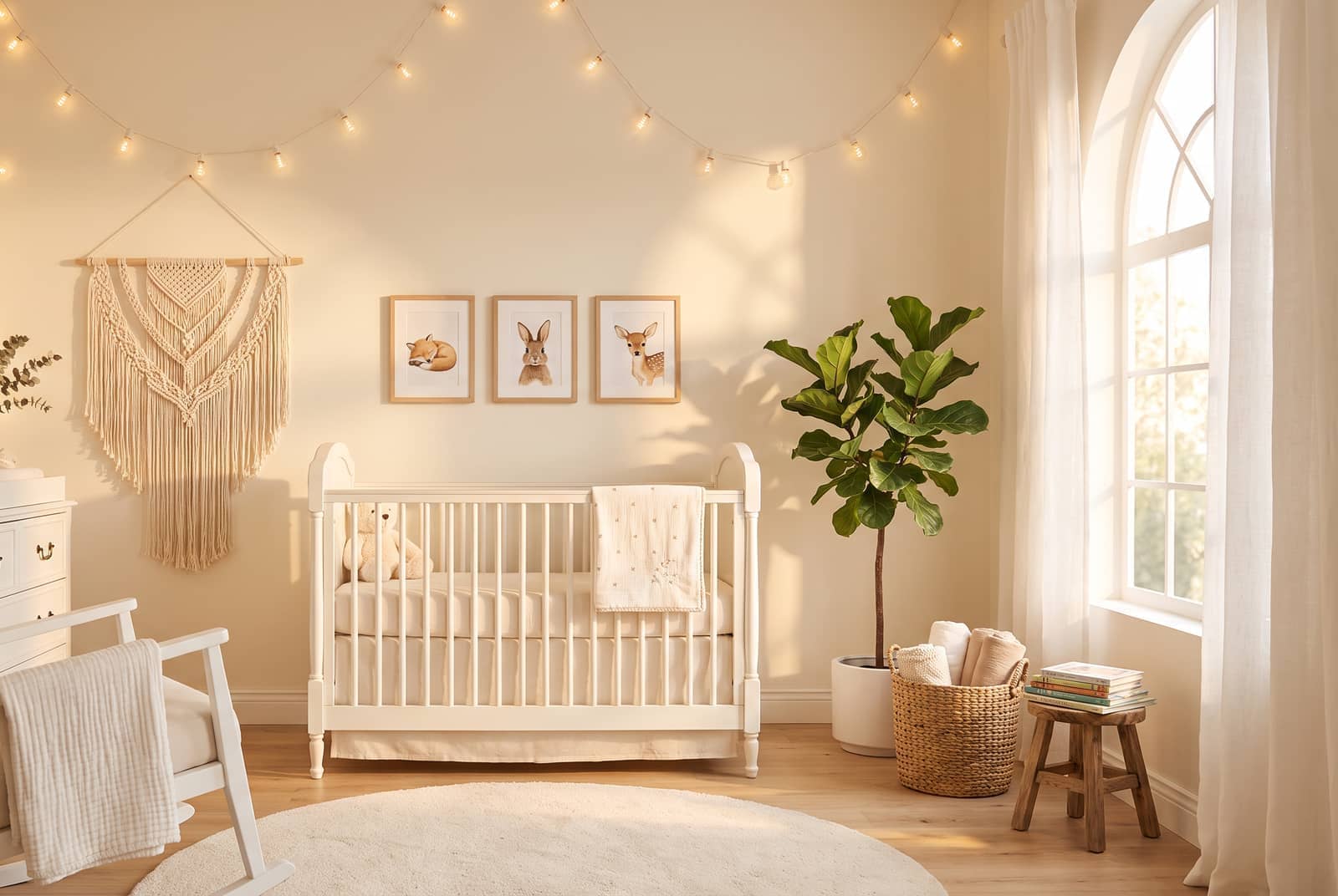 Habitación infantil con pared de letras, textiles coloridos y luz suave